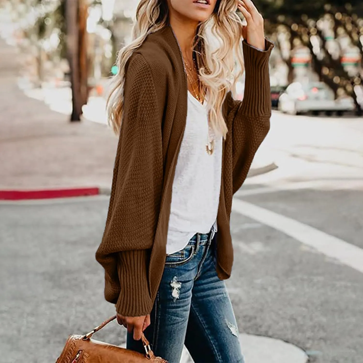 Womens Cardigan Sweaters Oversized Knit Batwing Long Sleeve Cardigan Open Front Lightweight Jacket Soft Outwear Coat