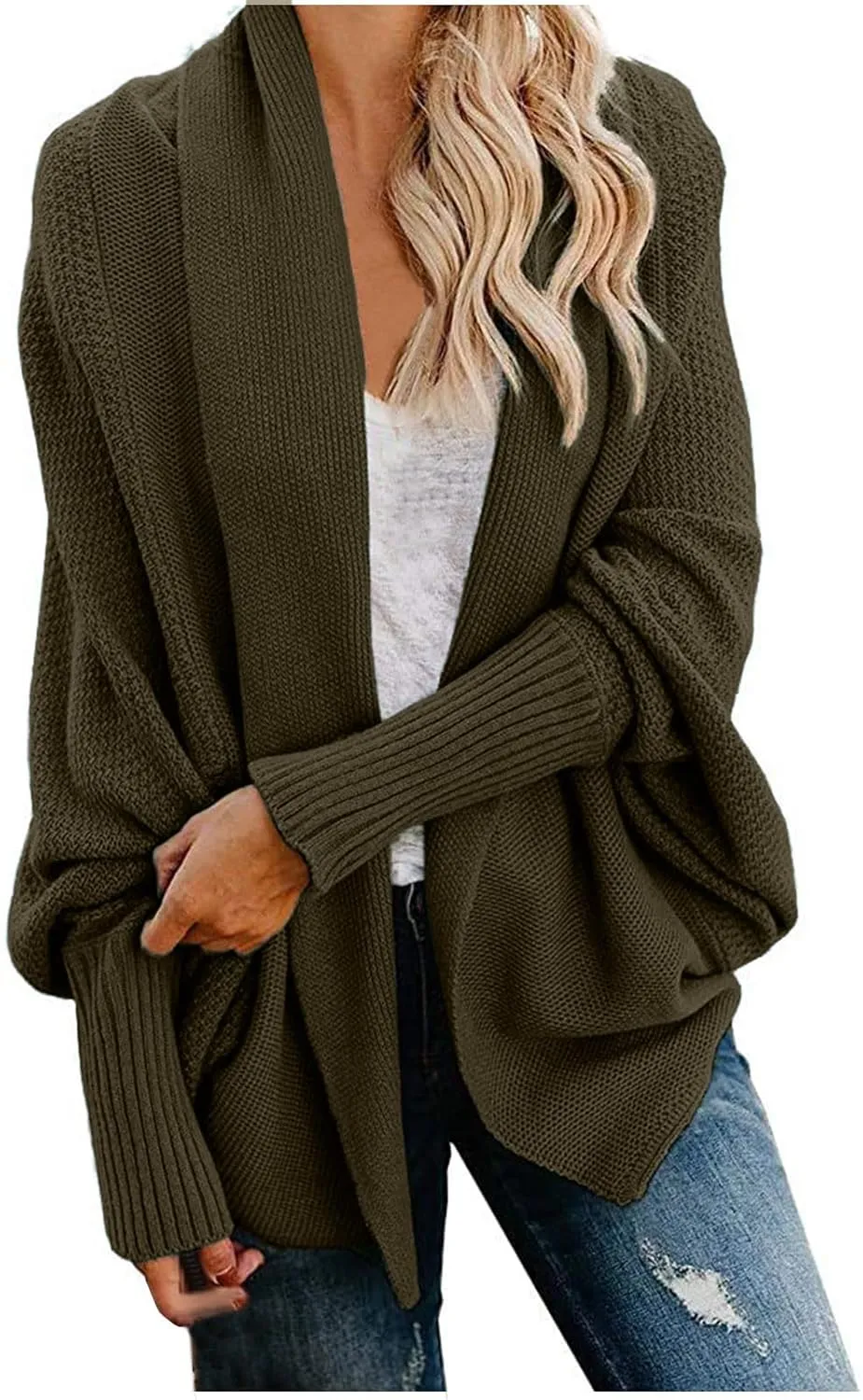 Womens Cardigan Sweaters Oversized Knit Batwing Long Sleeve Cardigan Open Front Lightweight Jacket Soft Outwear Coat