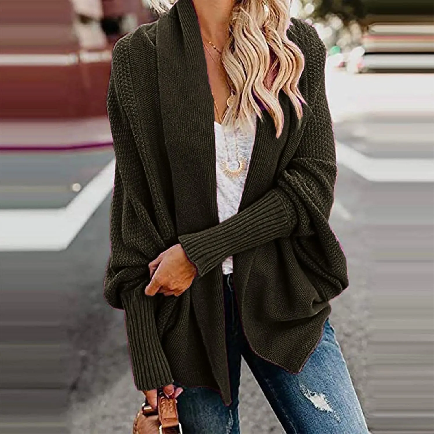 Womens Cardigan Sweaters Oversized Knit Batwing Long Sleeve Cardigan Open Front Lightweight Jacket Soft Outwear Coat
