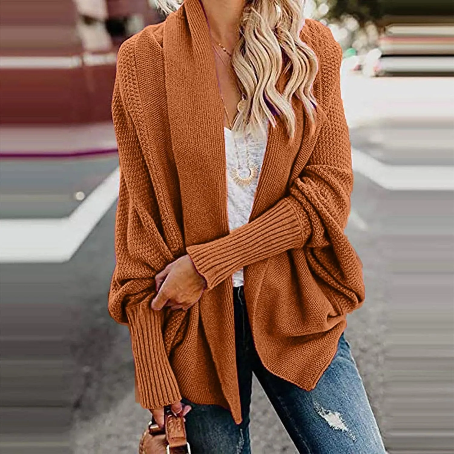 Womens Cardigan Sweaters Oversized Knit Batwing Long Sleeve Cardigan Open Front Lightweight Jacket Soft Outwear Coat