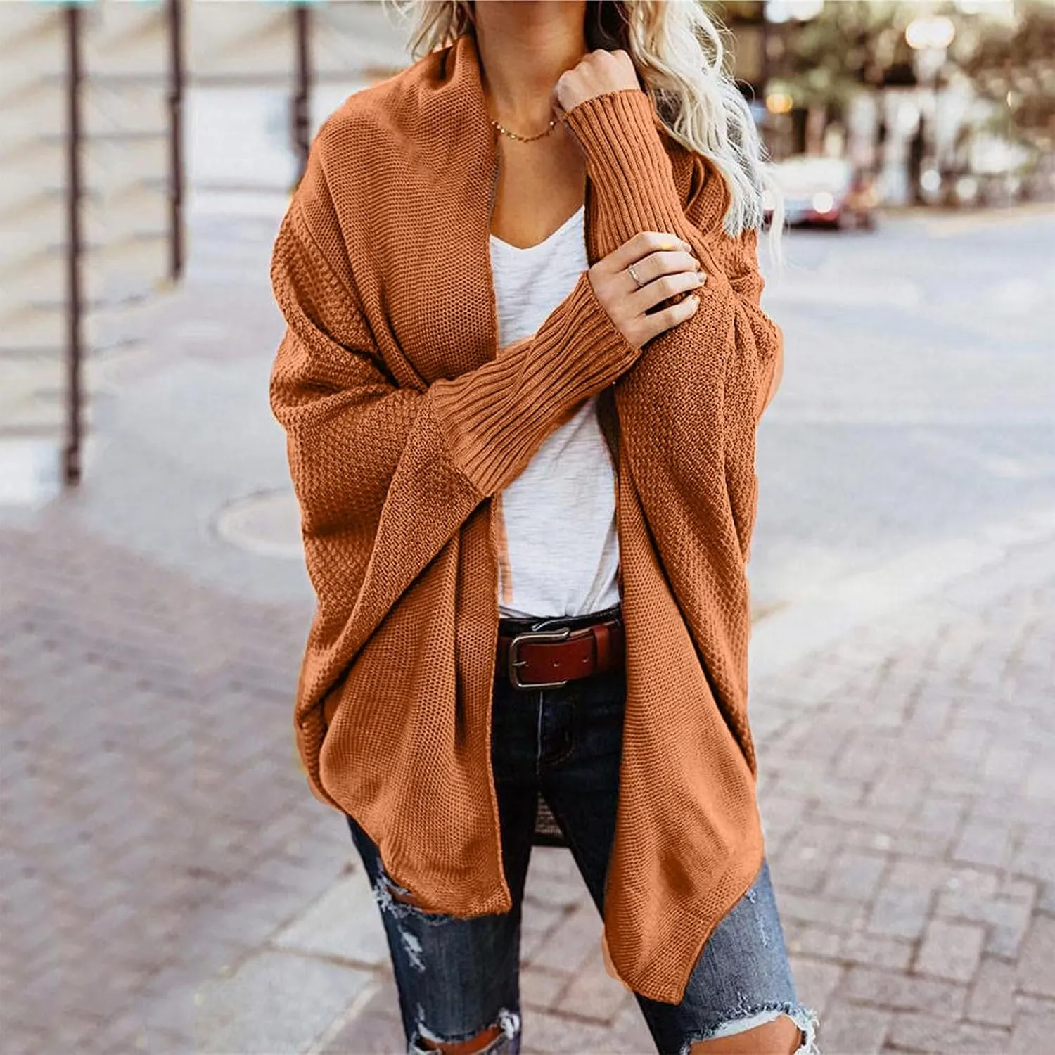 Womens Cardigan Sweaters Oversized Knit Batwing Long Sleeve Cardigan Open Front Lightweight Jacket Soft Outwear Coat