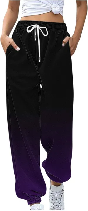 Womens Casual Baggy Fleece Sweatpants Elastic High Waisted Joggers Drawstring Loose Tie Dye Print Pants with Pockets