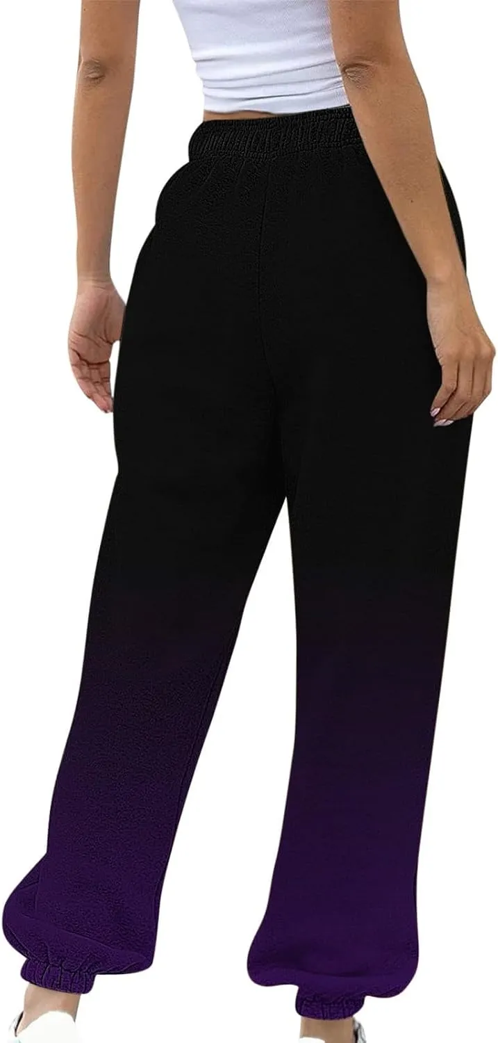 Womens Casual Baggy Fleece Sweatpants Elastic High Waisted Joggers Drawstring Loose Tie Dye Print Pants with Pockets