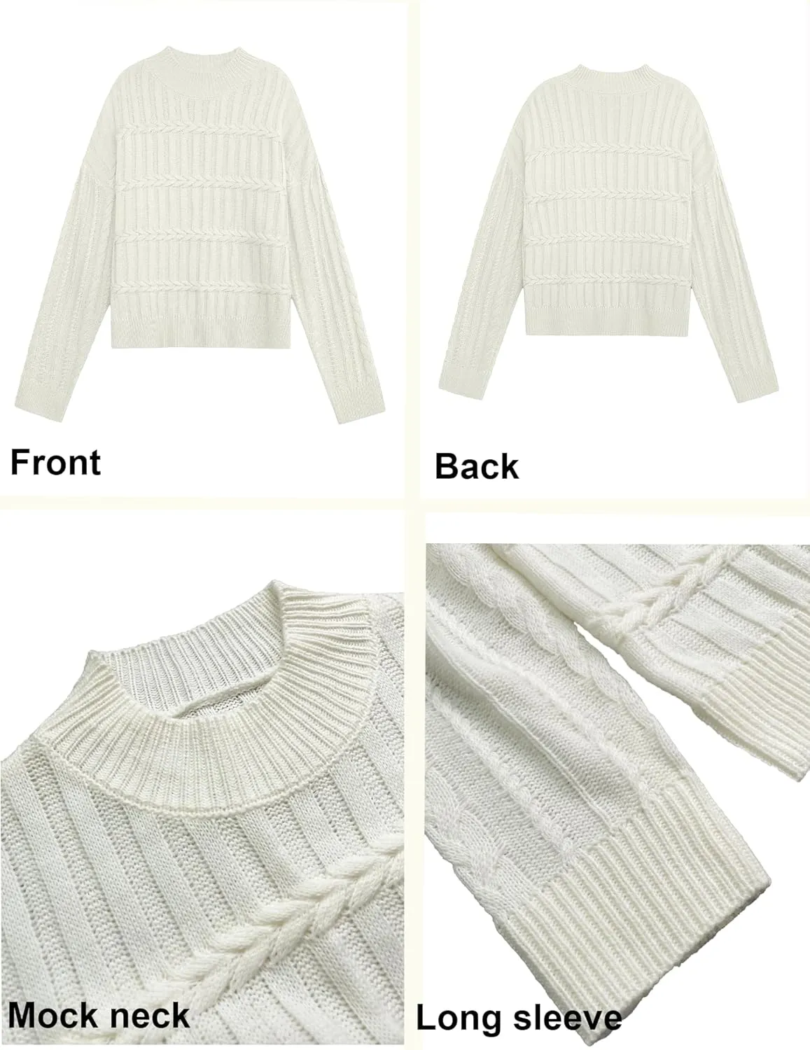 Womens Casual Cute Cable Knit Cropped Mock Neck Long Sleeve Pullover Sweater Spring 2025