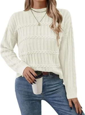 Womens Casual Cute Cable Knit Cropped Mock Neck Long Sleeve Pullover Sweater Spring 2025