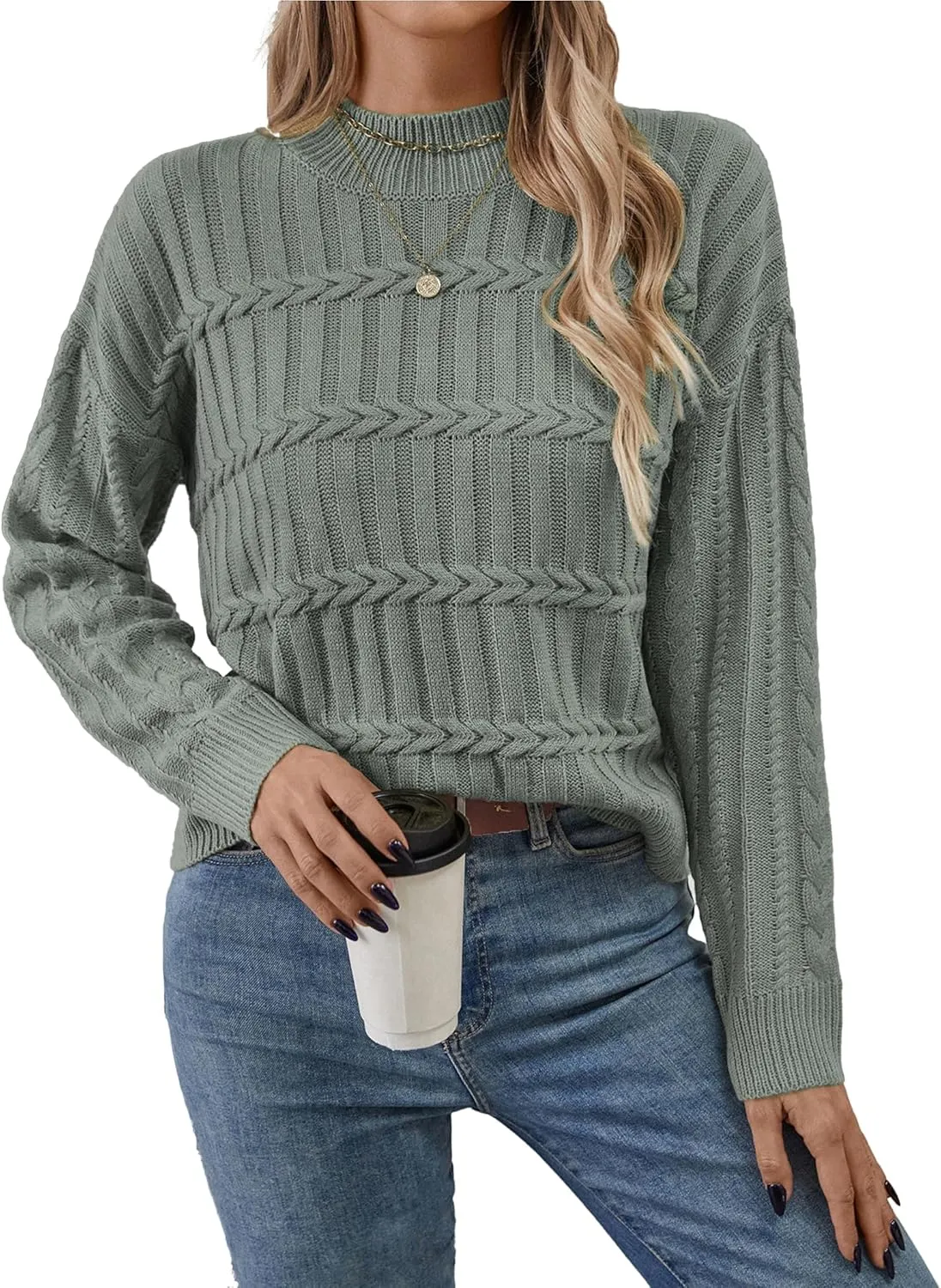 Womens Casual Cute Cable Knit Cropped Mock Neck Long Sleeve Pullover Sweater Spring 2025