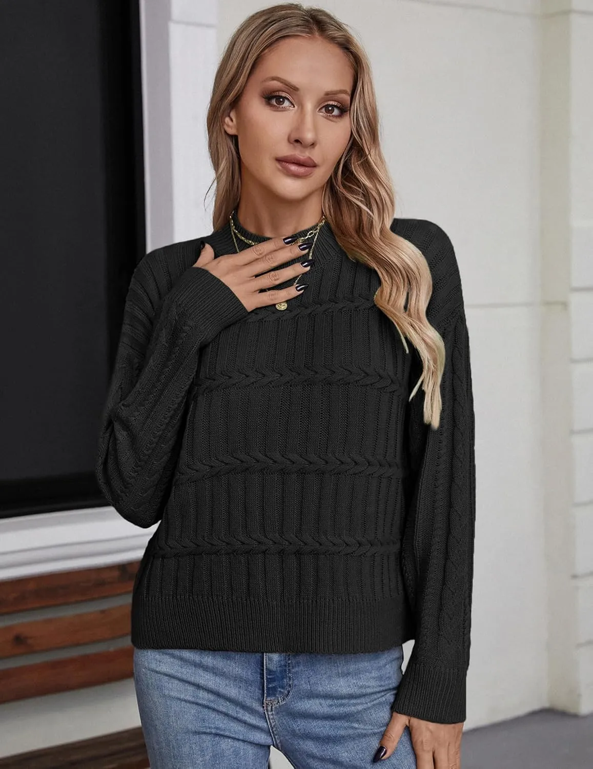 Womens Casual Cute Cable Knit Cropped Mock Neck Long Sleeve Pullover Sweater Spring 2025