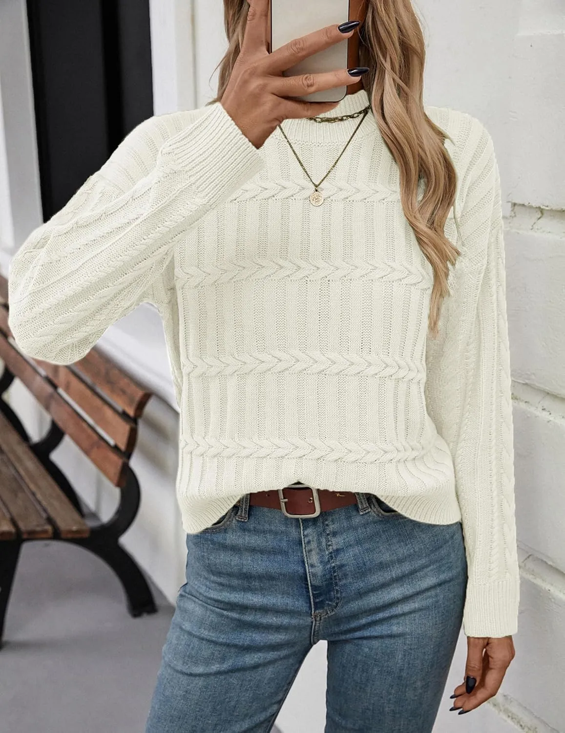 Womens Casual Cute Cable Knit Cropped Mock Neck Long Sleeve Pullover Sweater Spring 2025