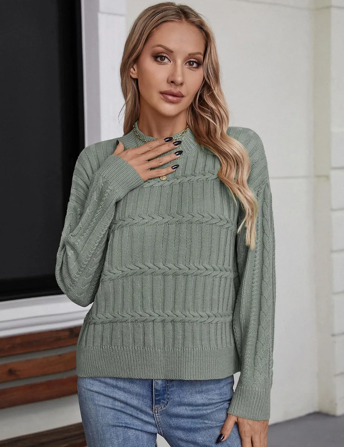 Womens Casual Cute Cable Knit Cropped Mock Neck Long Sleeve Pullover Sweater Spring 2025