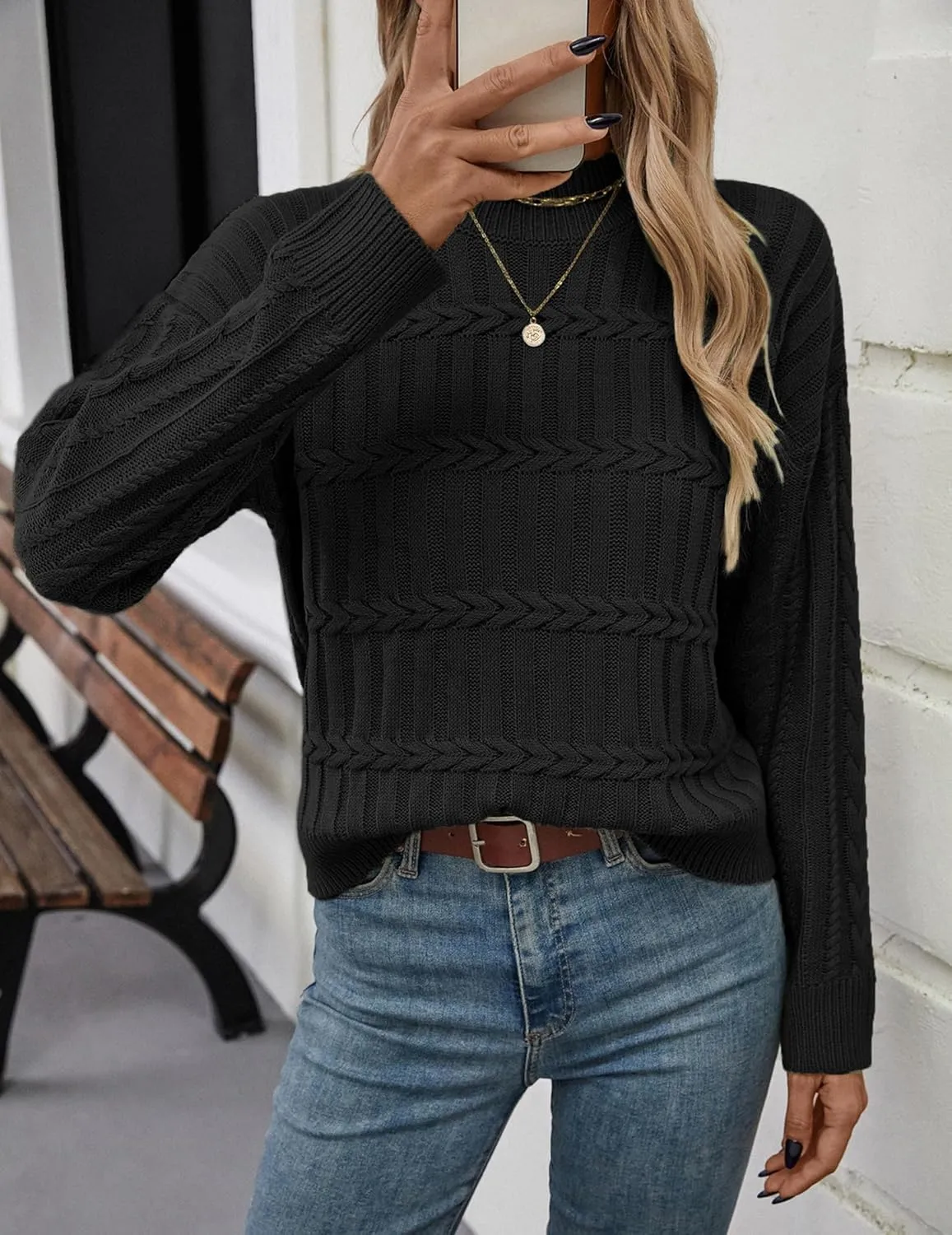 Womens Casual Cute Cable Knit Cropped Mock Neck Long Sleeve Pullover Sweater Spring 2025
