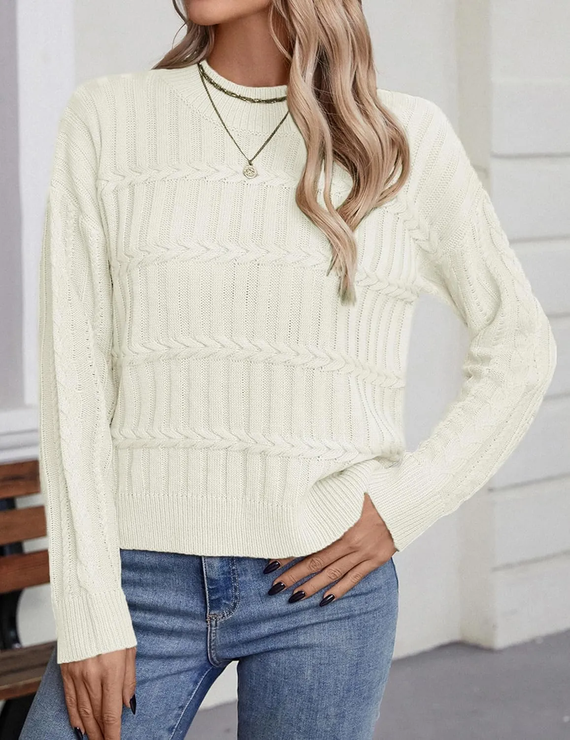 Womens Casual Cute Cable Knit Cropped Mock Neck Long Sleeve Pullover Sweater Spring 2025