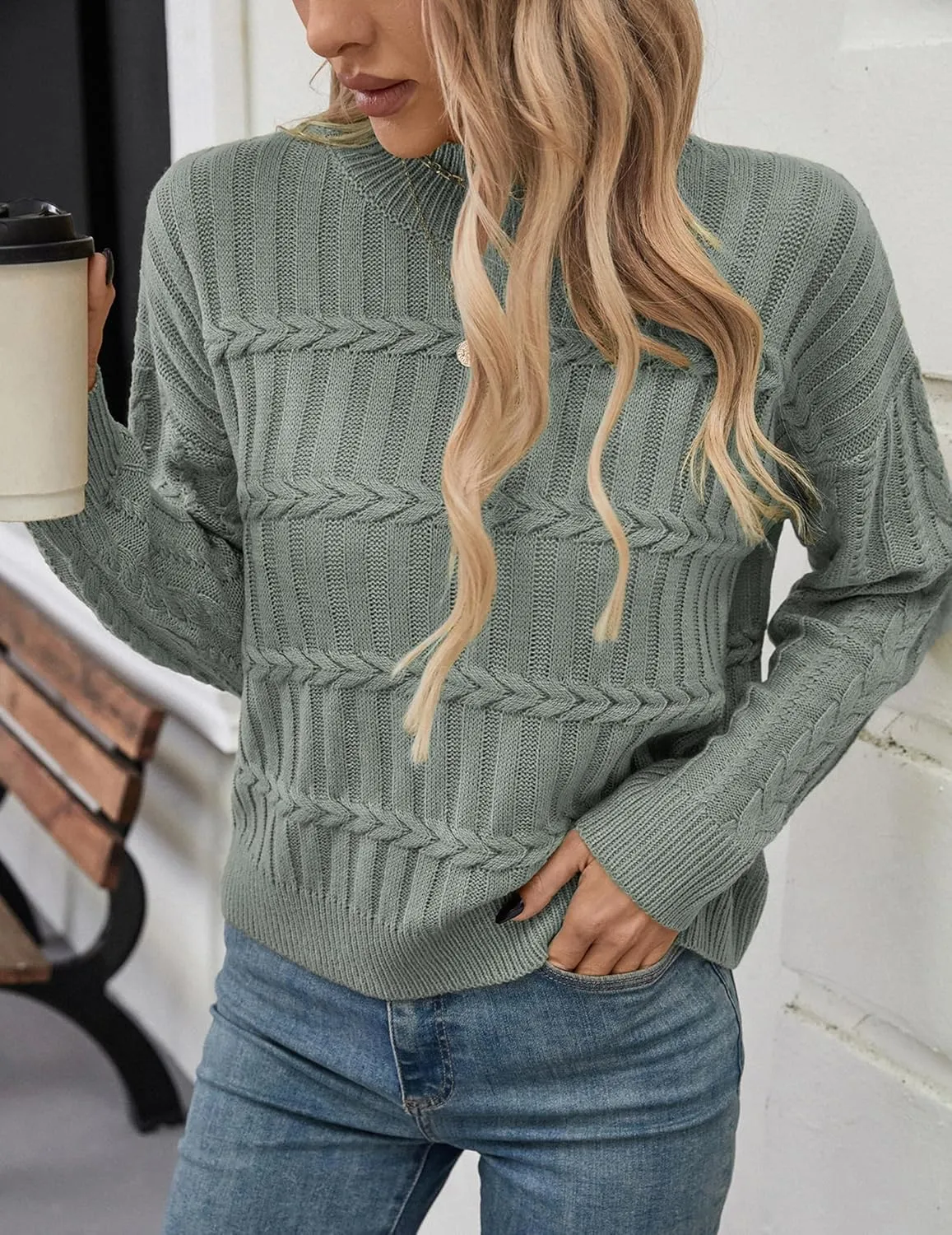 Womens Casual Cute Cable Knit Cropped Mock Neck Long Sleeve Pullover Sweater Spring 2025