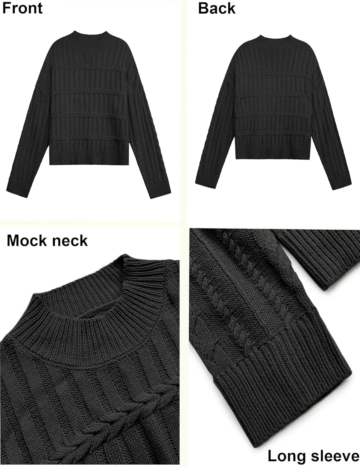 Womens Casual Cute Cable Knit Cropped Mock Neck Long Sleeve Pullover Sweater Spring 2025