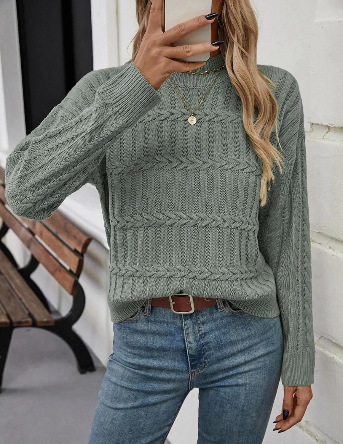 Womens Casual Cute Cable Knit Cropped Mock Neck Long Sleeve Pullover Sweater Spring 2025