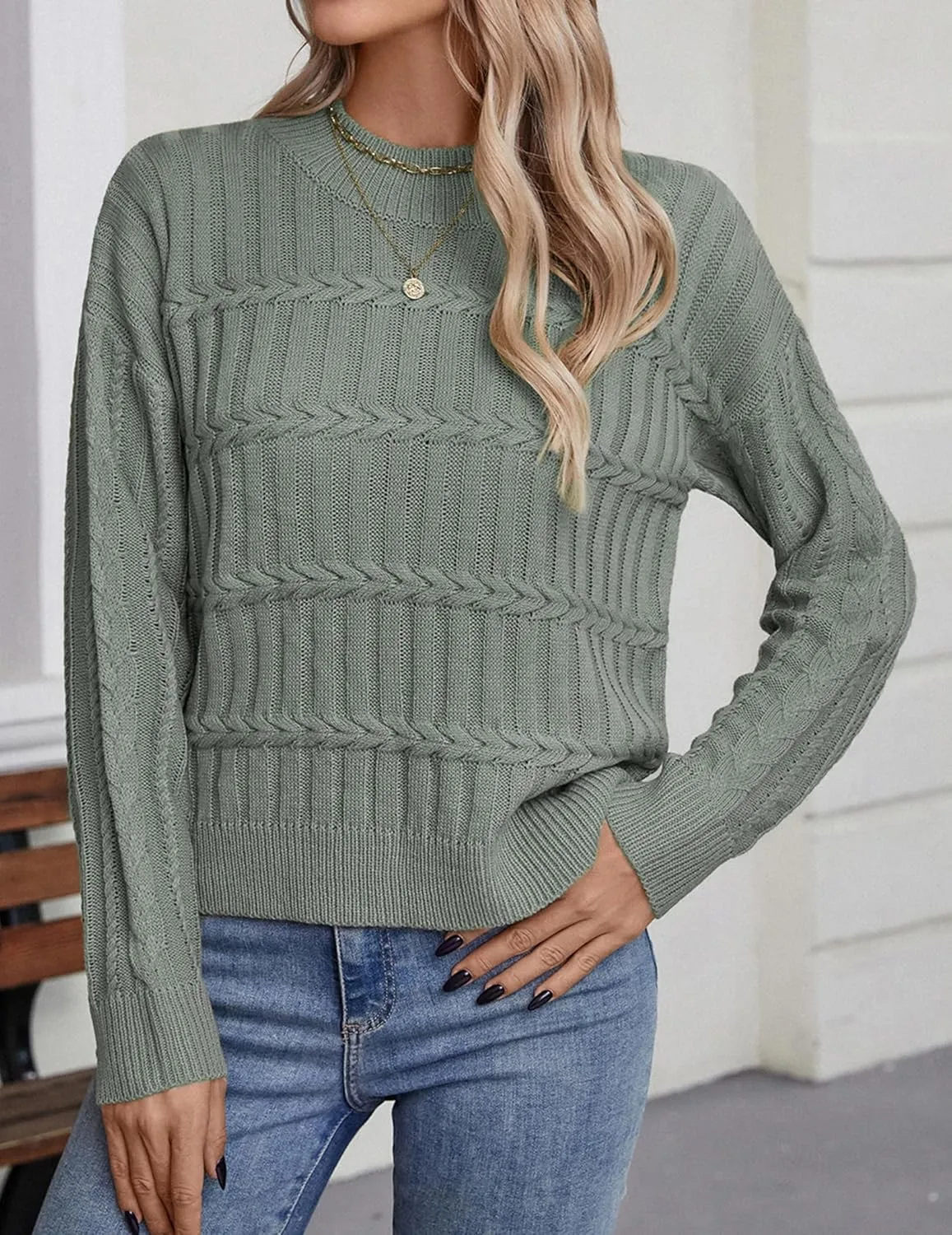 Womens Casual Cute Cable Knit Cropped Mock Neck Long Sleeve Pullover Sweater Spring 2025