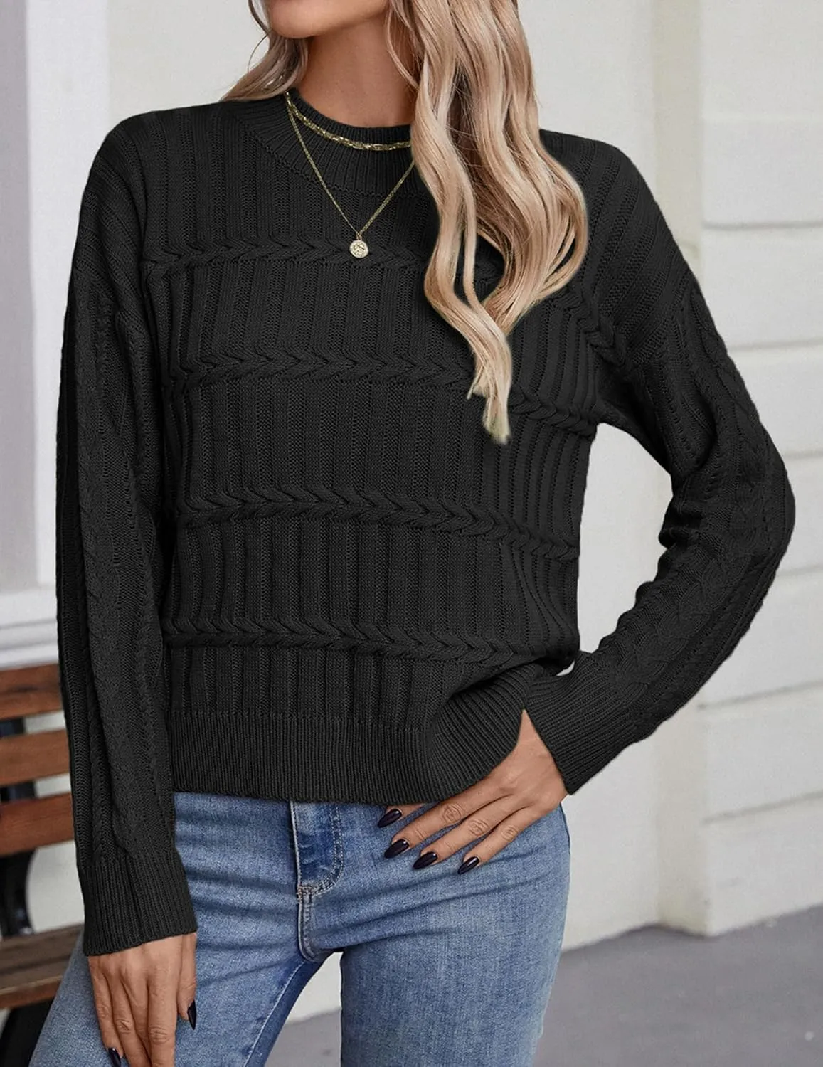 Womens Casual Cute Cable Knit Cropped Mock Neck Long Sleeve Pullover Sweater Spring 2025