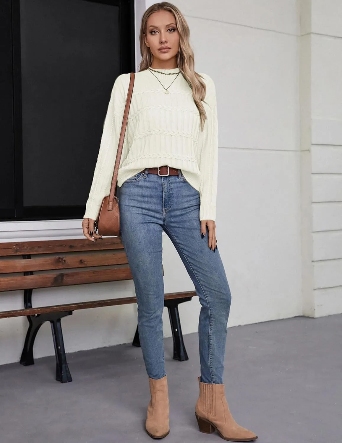 Womens Casual Cute Cable Knit Cropped Mock Neck Long Sleeve Pullover Sweater Spring 2025