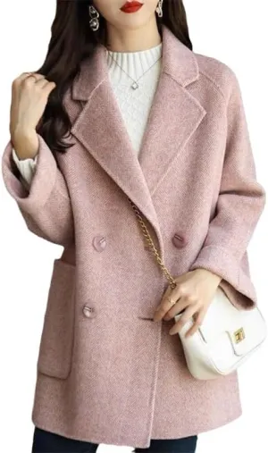 Women's Casual Double Breasted Wool Blend Coat, Gray, Size S