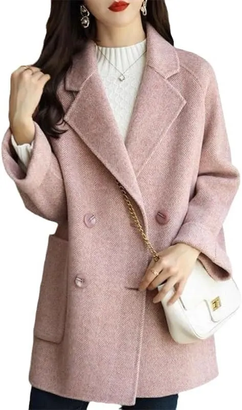 Women's Casual Double Breasted Wool Blend Coat, Gray, Size S