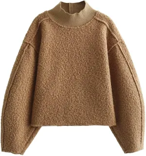 Women's Casual Fleece Sweatshirts Turtleneck Reverse Seam Pullover Crop Tops Fall Winter Fuzzy Wool Coat