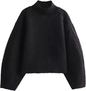 Women's Casual Fleece Sweatshirts Turtleneck Reverse Seam Pullover Crop Tops Fall Winter Fuzzy Wool Coat
