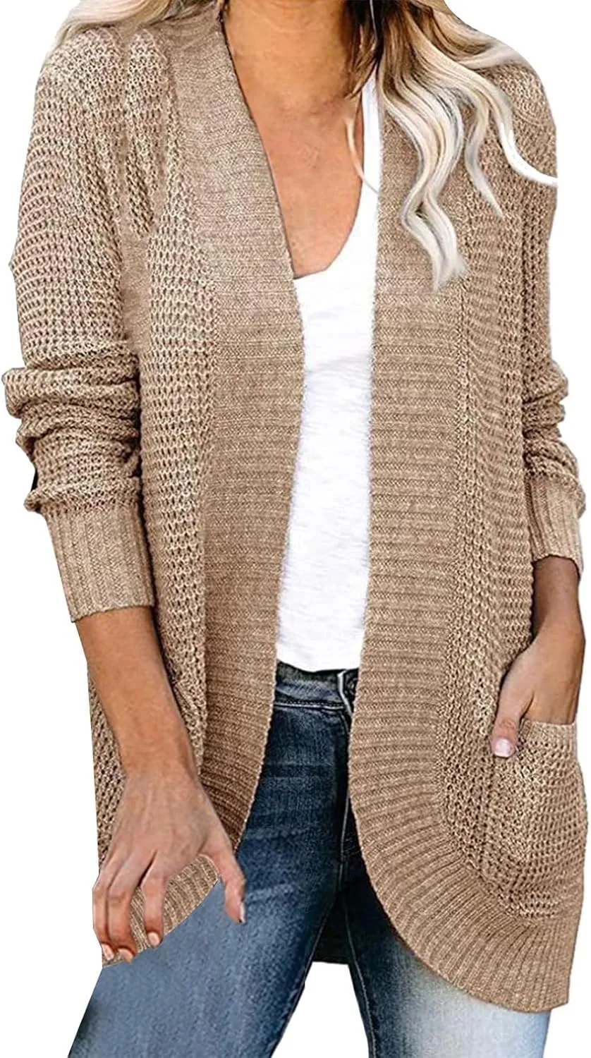 Womens Casual Lightweight Long Sleeve Cardigan Flowy Soft Open Front Knit Sweaters 2023 Fall Winter Waffle Knit Cardigan