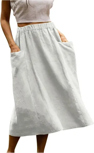 Women's Casual Linen Skirts Elastic Waist Midi Skirts A Line Pleated Skirts with Pockets Beach Flowy Boho Skirts
