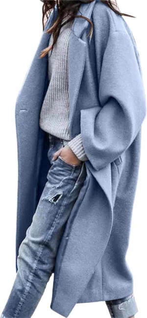 Womens Casual Long Sleeve Notched Lapel Collar Wool Blend Pea Coat Overcoat