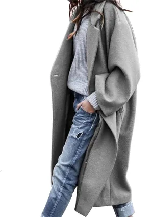 Womens Casual Long Sleeve Notched Lapel Collar Wool Blend Pea Coat Overcoat
