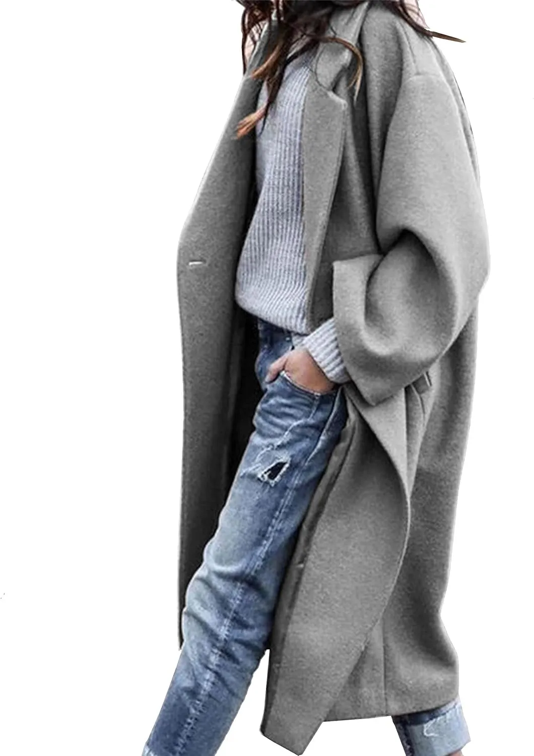 Womens Casual Long Sleeve Notched Lapel Collar Wool Blend Pea Coat Overcoat