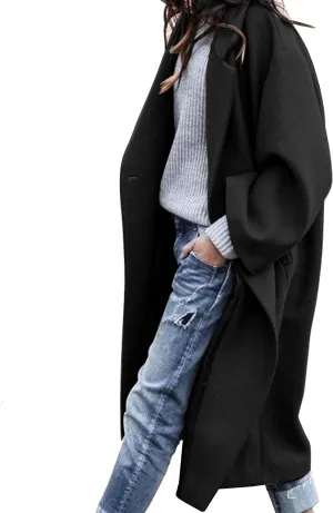 Womens Casual Long Sleeve Notched Lapel Collar Wool Blend Pea Coat Overcoat