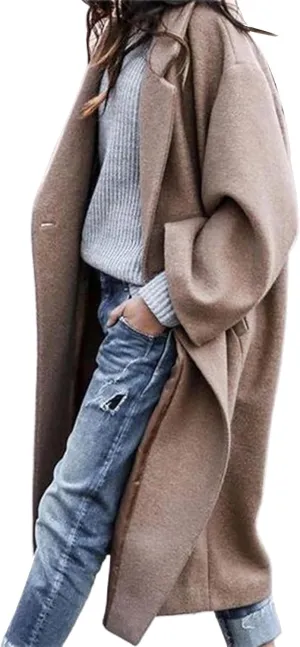 Womens Casual Long Sleeve Notched Lapel Collar Wool Blend Pea Coat Overcoat