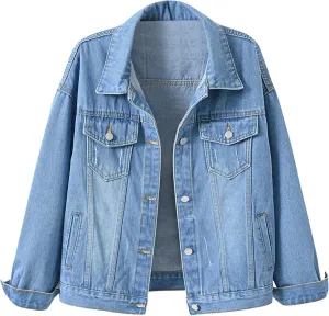 Women's Casual Loose Oversized Denim Jacket Long Sleeved Button Jean Jacket Coat Tops Loose Jean Trucker Jacket
