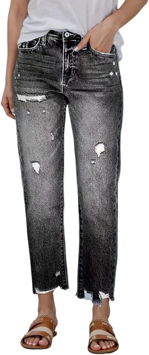 Women's Casual Ripped Jeans Fashion Straight Leg High Waisted Jeans for Women Boyfriend Stretch Slim Fit Denim Pants