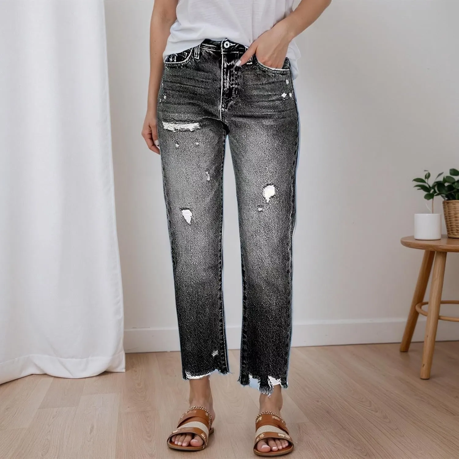 Women's Casual Ripped Jeans Fashion Straight Leg High Waisted Jeans for Women Boyfriend Stretch Slim Fit Denim Pants