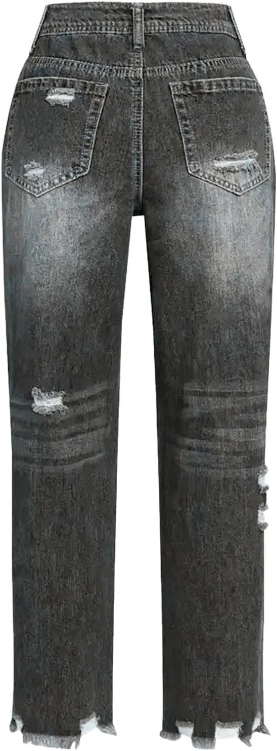 Women's Casual Ripped Jeans Fashion Straight Leg High Waisted Jeans for Women Boyfriend Stretch Slim Fit Denim Pants