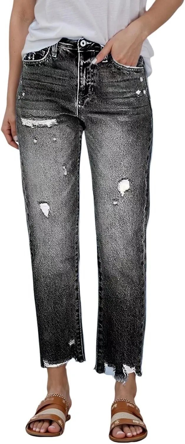 Women's Casual Ripped Jeans Fashion Straight Leg High Waisted Jeans for Women Boyfriend Stretch Slim Fit Denim Pants