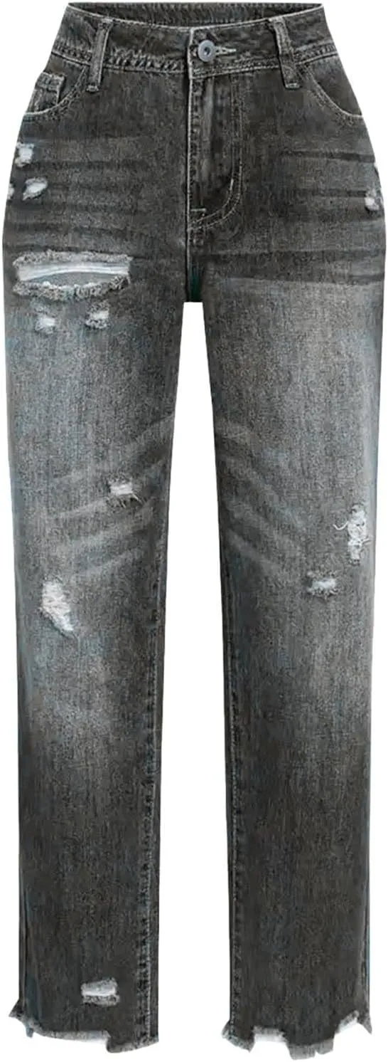 Women's Casual Ripped Jeans Fashion Straight Leg High Waisted Jeans for Women Boyfriend Stretch Slim Fit Denim Pants