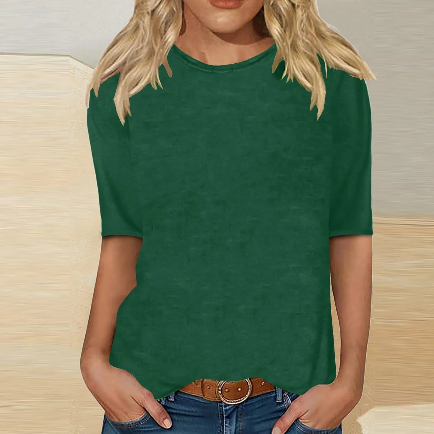 Womens Casual Tops Half Sleeve Loose Fit Shirts Plus Size Crewneck Cute Tees Soft Dressy 2025 Spring Summer Blouses