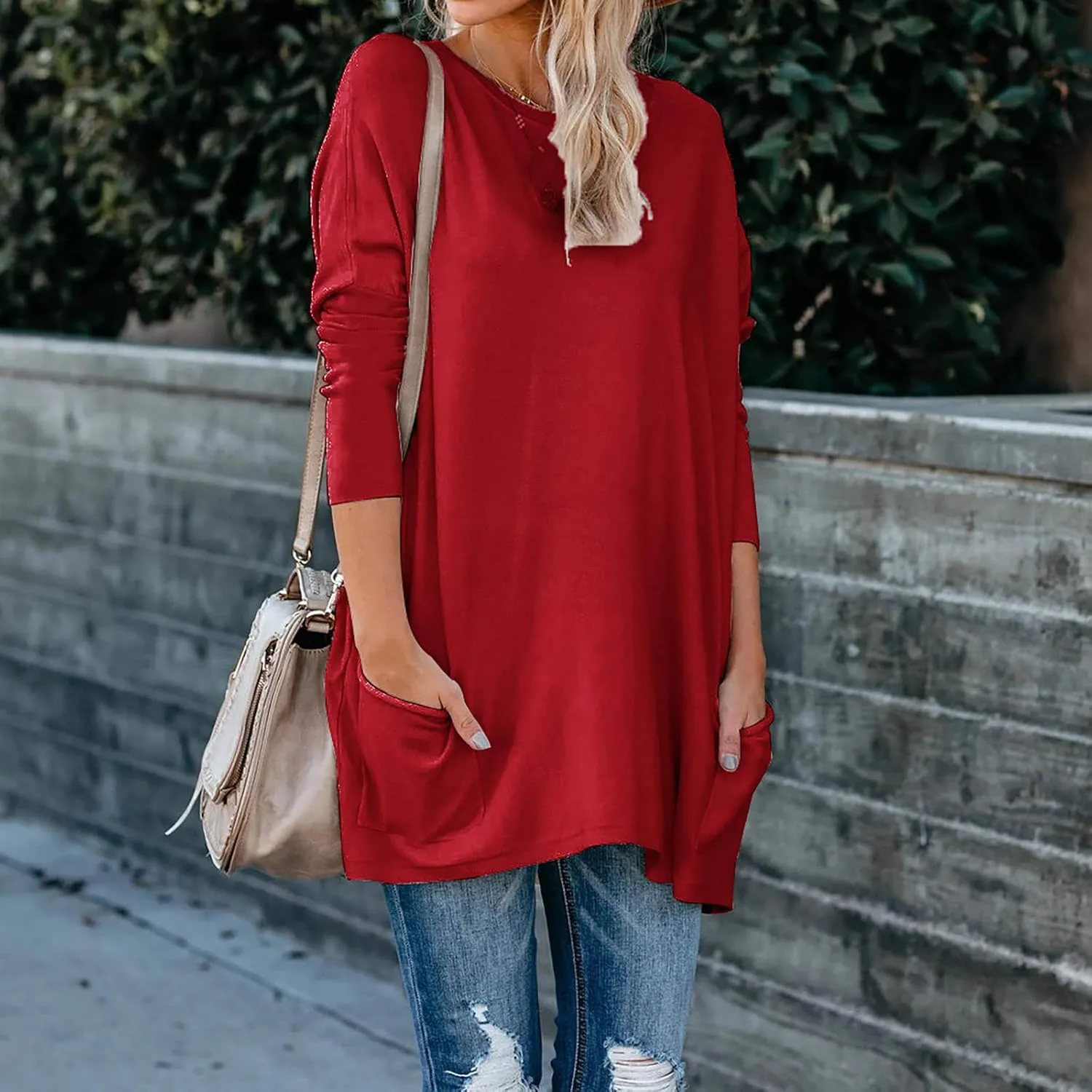 Womens Casual Tunic Tops Long Sleeve Crew Neck T Shirts with Pockets Soft Blouses Tees Loose Tunics for Leggings