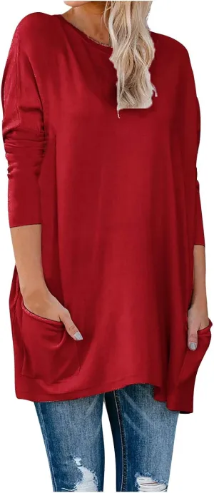 Womens Casual Tunic Tops Long Sleeve Crew Neck T Shirts with Pockets Soft Blouses Tees Loose Tunics for Leggings