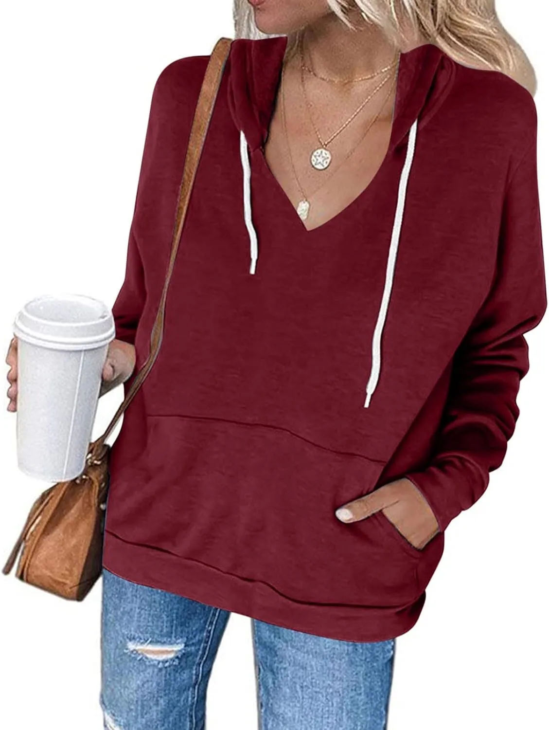 Women's Casual V-Neck Oversized Sweatshirt 2024 Fall Drawstring Loose Solid Long Sleeve Pullover with Pockets