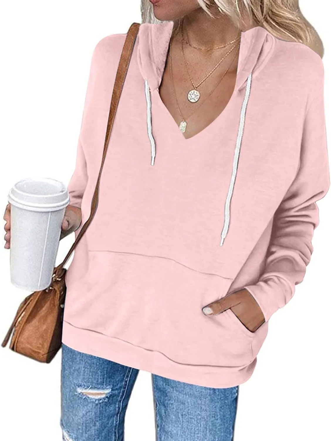 Women's Casual V-Neck Oversized Sweatshirt 2024 Fall Drawstring Loose Solid Long Sleeve Pullover with Pockets