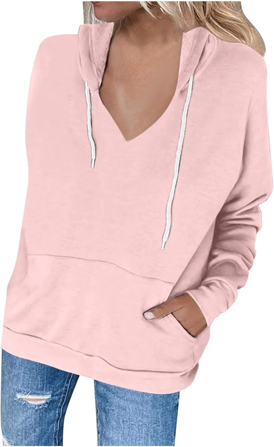 Women's Casual V-Neck Oversized Sweatshirt 2024 Fall Drawstring Loose Solid Long Sleeve Pullover with Pockets