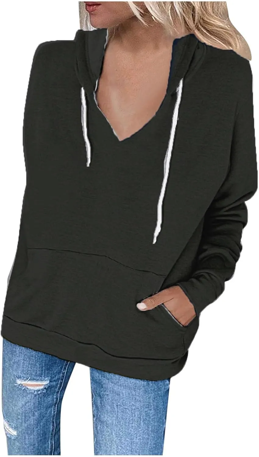 Women's Casual V-Neck Oversized Sweatshirt 2024 Fall Drawstring Loose Solid Long Sleeve Pullover with Pockets