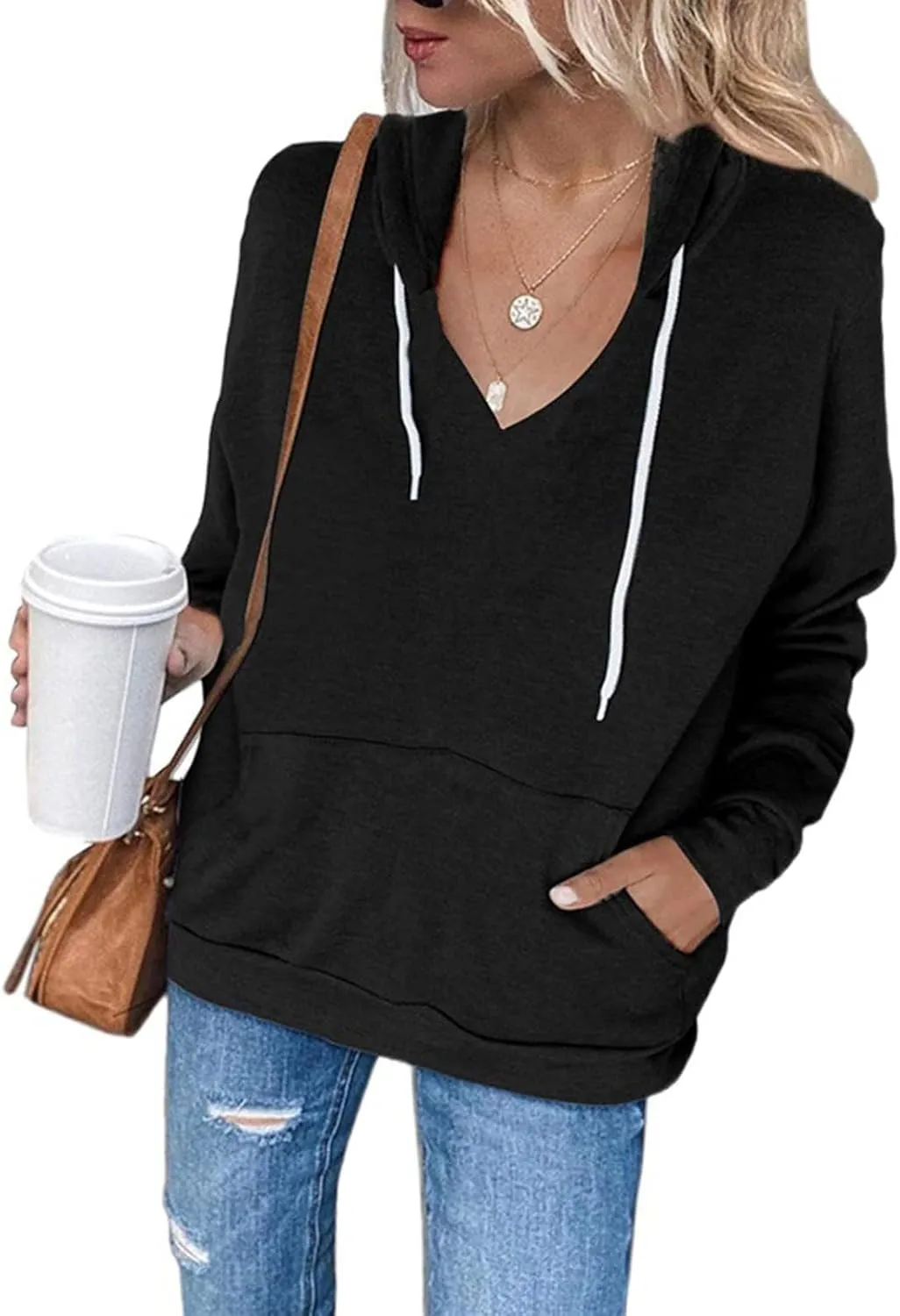 Women's Casual V-Neck Oversized Sweatshirt 2024 Fall Drawstring Loose Solid Long Sleeve Pullover with Pockets