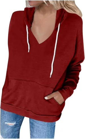 Women's Casual V-Neck Oversized Sweatshirt 2024 Fall Drawstring Loose Solid Long Sleeve Pullover with Pockets