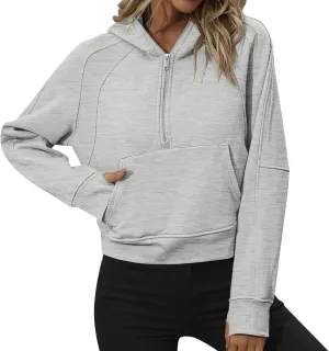 Women's Casual Workout Hoodies Trendy Half Zipper Pockets Cropped Sweatshirt Tops Long Sleeve Solid Color Pullover