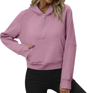 Women's Casual Workout Hoodies Trendy Half Zipper Pockets Cropped Sweatshirt Tops Long Sleeve Solid Color Pullover