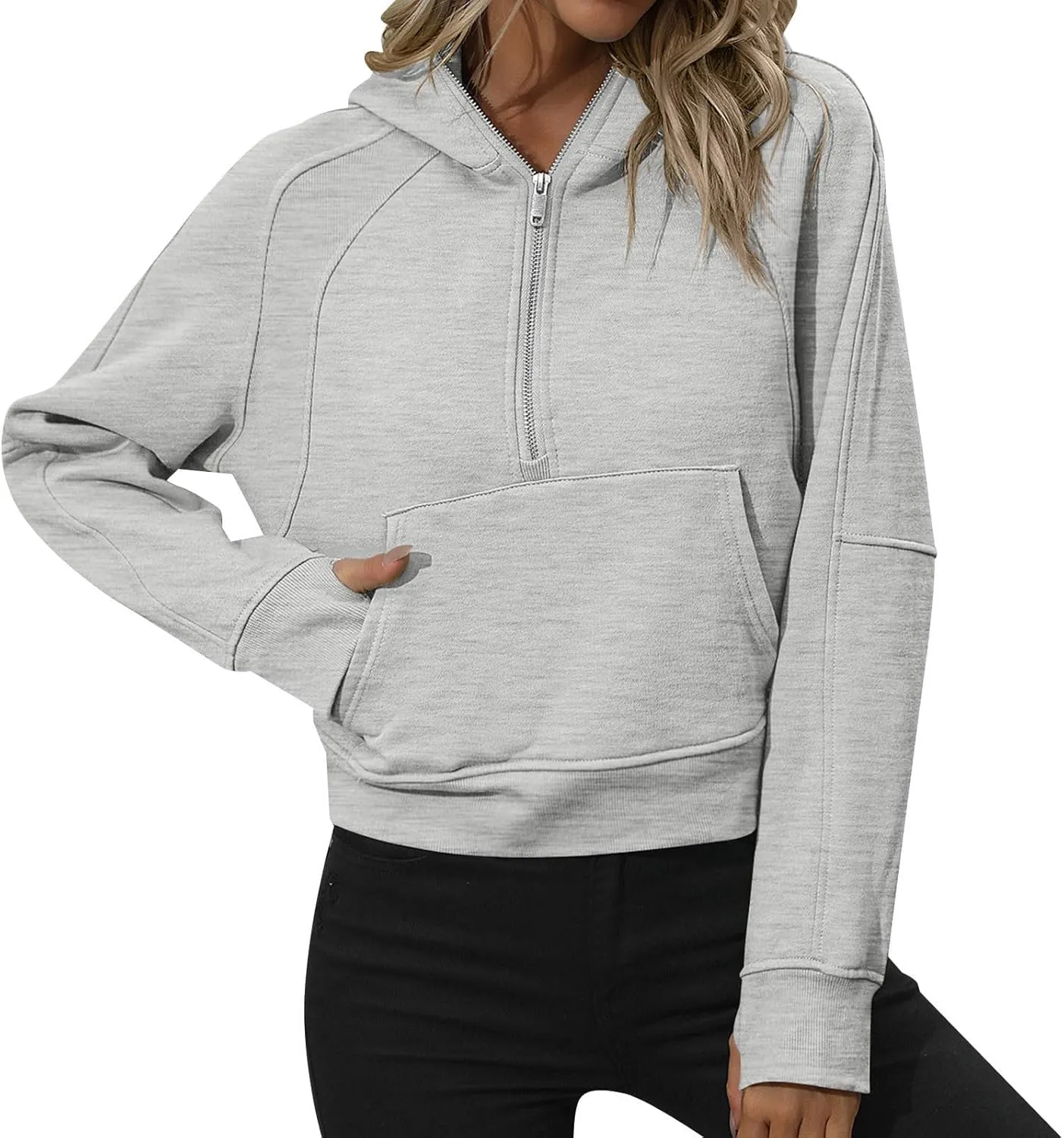 Women's Casual Workout Hoodies Trendy Half Zipper Pockets Cropped Sweatshirt Tops Long Sleeve Solid Color Pullover